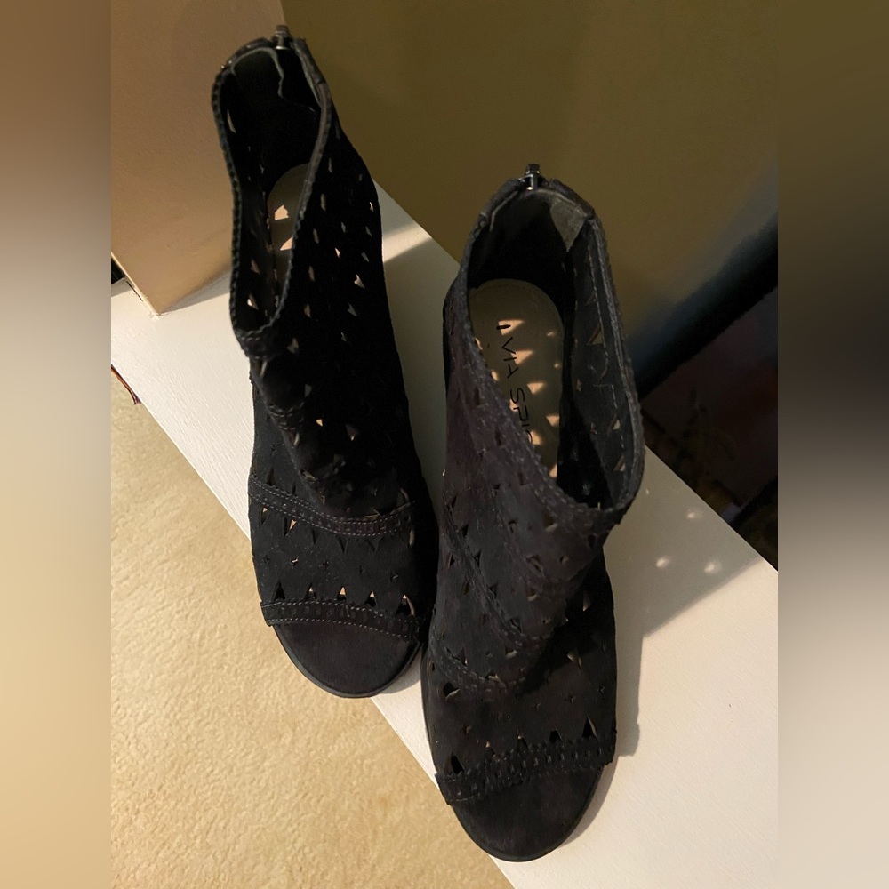 Via Spiga Latonya Geo Laser Cutout Open Toe Black Suede Wedge Bootie.